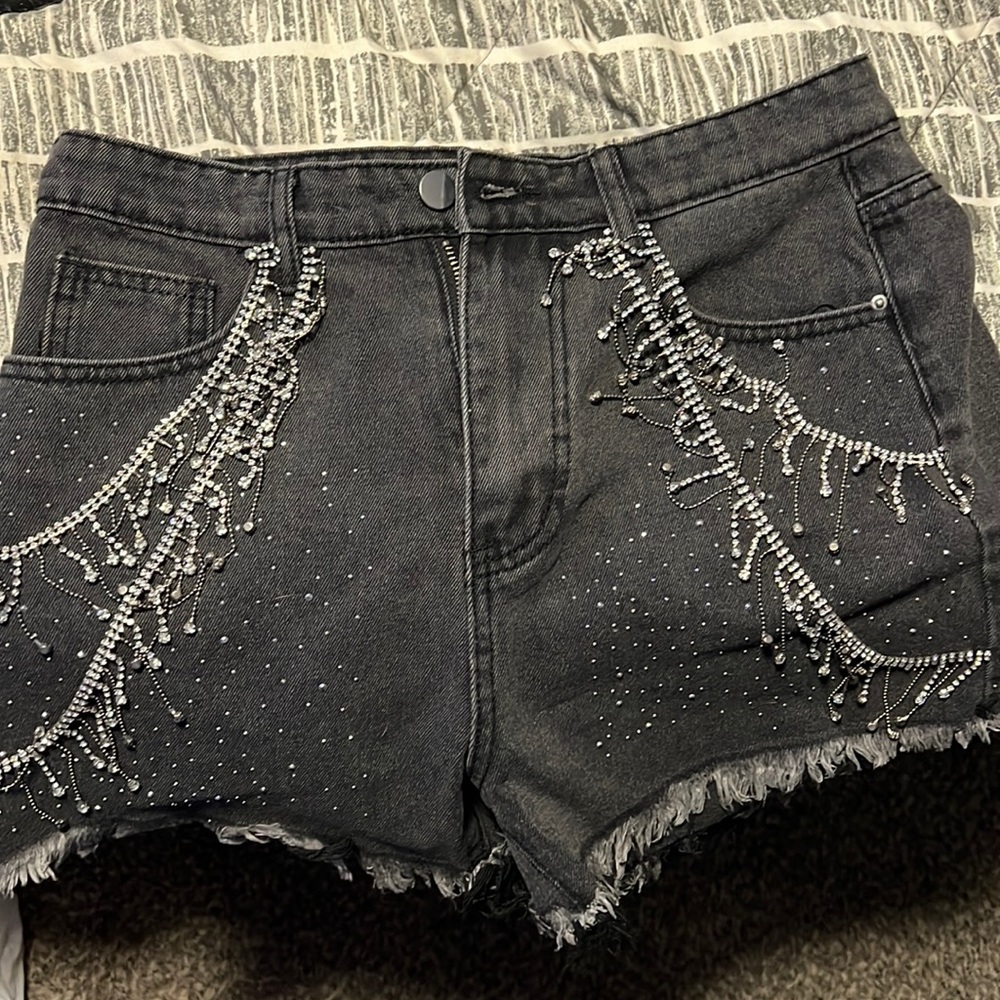 Black jeweled jean shorts